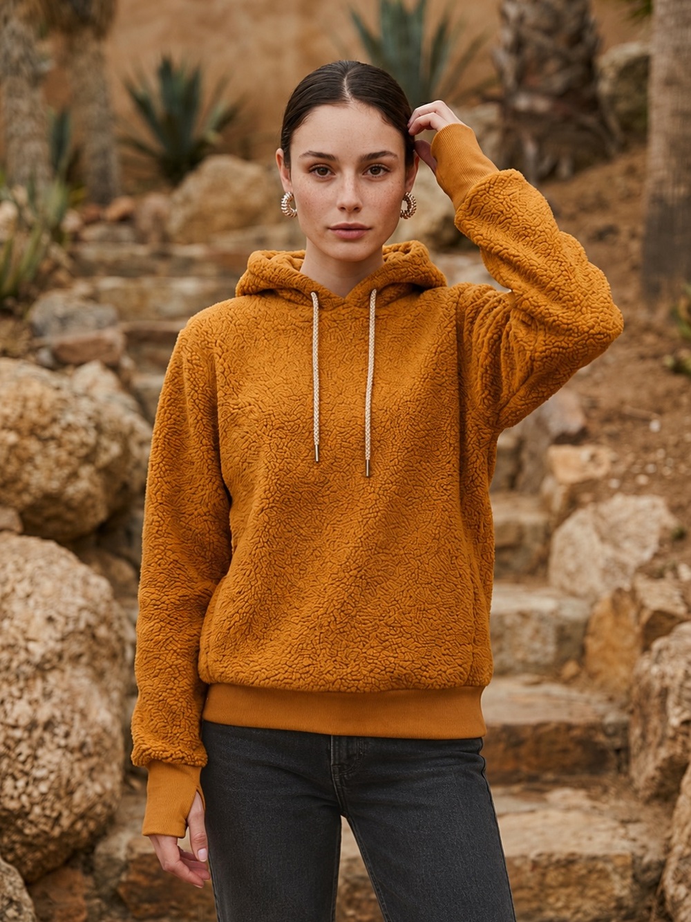 Athleta Tugga Sherpa Hoodie Women's XS Burnt Orange Pullover Sleeve Cozy Warm